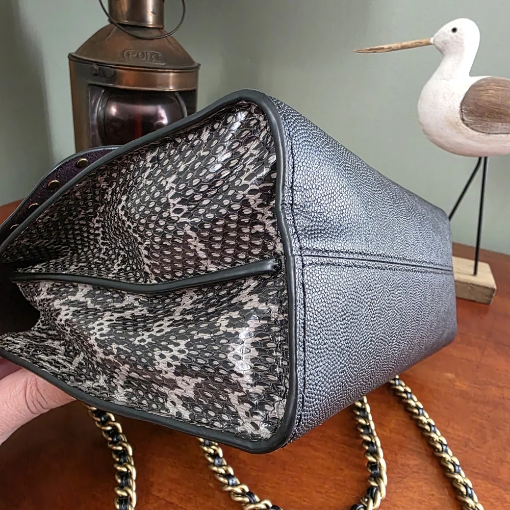 Coach 53344 Parker Rivets Genuine Snakeskin Black Leather Chain Shoulder Bag